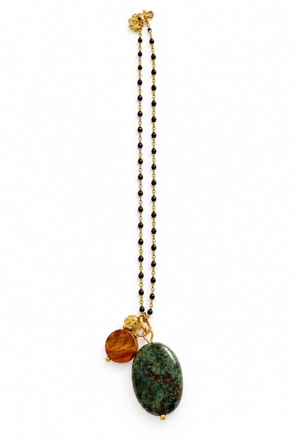 Bois local, chrysocolle, acier inoxydable doré