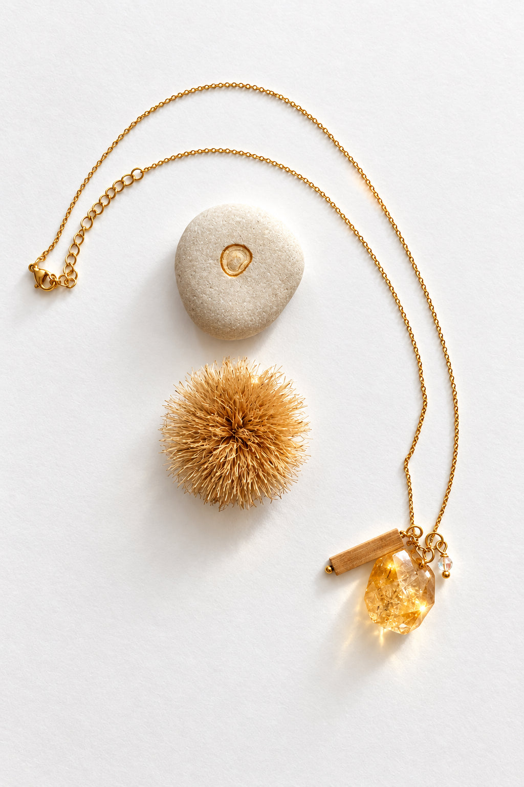 Bois acacias, citrine et acier inoxydable doré 